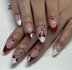 Valentine’s Day Nail Almond, Almond Nails Cherry Design, Red Nail Designs Cherry, Red Cherry 8 Ball Nails, 8ball Cherry Nails, Nail Inspiration Trendy, 8 Ball Acrylic Nails, Traditional Tattoo Nail Art, Almond Spider-man Nails