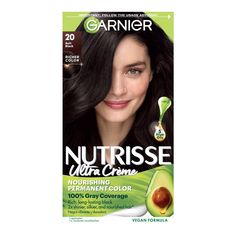 Garnier Nutrisse Ultra Crème Nourishing Permanent Color nourishes while delivering long-lasting hair color and 100% gray coverage. Garnier Nutrisse Nourishing Hair Color Creme, 20 Soft Black (Black Tea), 1 kit; Nourishing permanent color with five nourishing oils; avocado, olive, coconut, argan and shea 2x shinier, silkier and nourished hair vs uncolored, unwashed hair Rich, radiant, long-lasting hair dye with 100 percent gray coverage Nutrisse is available in over 70 cruelty free and vegan shad Dark Brown Hair Dye, Garnier Hair Color, Dark Golden Blonde, Color Conditioner, Brown Hair Dye, Temporary Hair Color, Hair Care Brands, Gray Coverage, Permanent Hair Dye