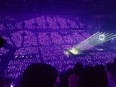 a large crowd at a concert with purple lights