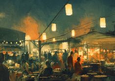 an oil painting of people in a busy market place at night with lanterns hanging from the ceiling