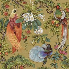 a wallpaper with birds and flowers on it