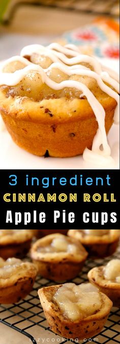 apple pie cups with white icing and cinnamon roll toppings