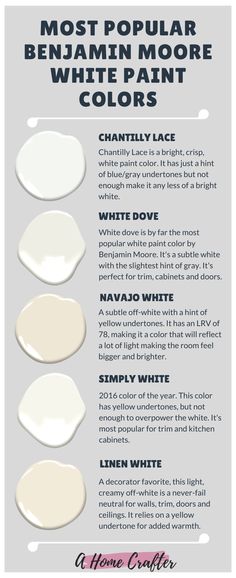 the most popular white paint colors for walls and ceilings info sheet with text overlay