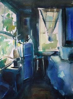 a watercolor painting of a bedroom with blue furniture and curtains on the window sill