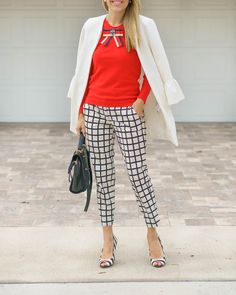 Red sweater, windowpane pants, stripe heels Shopping On A Budget, White Pants Outfit, Paper Doll Dress, Personal Style Inspiration, High Fashion Outfits, Dressed To The Nines, Budget Fashion, Red Sweater