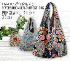 three bags with flowers on them and the text, free sewing pattern for reversible multi - purpose bag 3 sizes