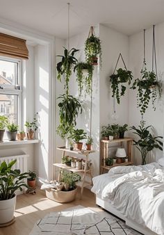 Feminine Genius, Bedroom Plants Decor, Earthy Bedroom, Living Room Plants, Scandinavian Bedroom, White Bed, Bedroom Decor Cozy, Large Window, Scandinavian Style Interior