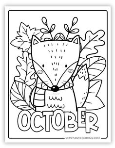 a coloring page with the words october and an image of a fox wearing a scarf