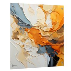 an abstract painting with gold, blue and white colors on it's canvases