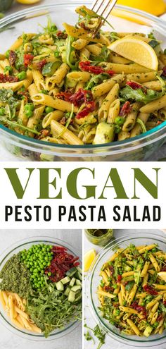 vegan pesto pasta salad in a glass bowl