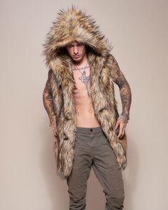 Fur Coat Outfit Men, Dark Academia Outfits Men, Golden Jackal, Charismatic Man, Dark Academia Outfits, Academia Outfits, Hooded Faux, Endangered Animals, Vests Mens