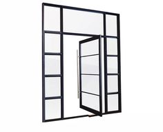 an open door with glass panels on the side and bottom part in black metal frame