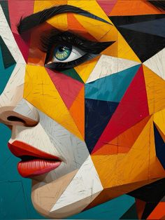 a woman's face is painted with colorful geometric shapes and features bright blue eyes