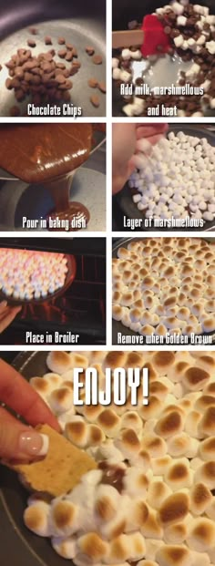 the instructions for making s'mores are shown in several different pictures, including an image of marshmallows and chocolate chips