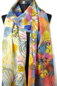 Hand Painted Woman Long Silk Shawl/Painting dots and Butterflies Painting, Luxury Silk Scarves, Long Shawl, Long Silk Scarf, Gift Luxury, Hand Accessories, Hand Painted Silk Scarf, Butterfly Painting, Silk Shawl