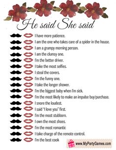 a printable poster with the words he said she said and flowers in black, red, and white