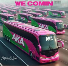 several pink and green buses driving down a highway with the words aka written on it