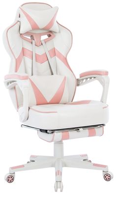 an office chair with pink and white stripes on the back, in front of a white background