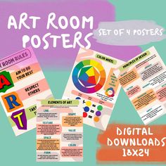 the art room posters are displayed in different colors and sizes, with text above them