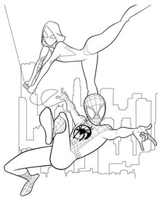 spiderman flying over the city with his arms outstretched and legs spread out, coloring page