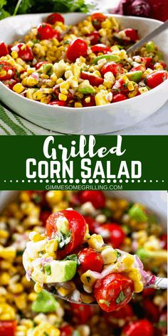 corn salad with tomatoes and avocado in a white bowl