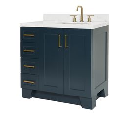 a bathroom vanity with two sinks and gold faucets on the top, against a white background