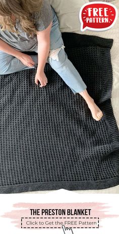 a woman sitting on top of a bed next to a black blanket with the caption free pattern