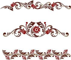 a set of decorative floral design elements in red and brown on a white background stock photo