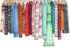 an illustration of clothes hanging on a rack with umbrellas attached to the hangers