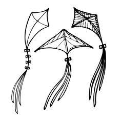 two kites are flying in the sky with strings attached to their tails, one is black and white