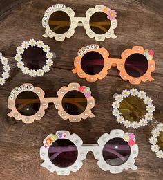 Personalized Flower Sunglasses for Kids. Please add name personalization in message and sunglasses color preference.  Thank you. Sunglasses For Kids, Flower Sunglasses, Kids Sunglasses, Colored Sunglasses, Eyewear Sunglasses, Sunglasses Accessories, Round Sunglasses, For Kids, Thank You