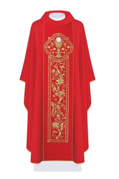 Chasuble embroidered with the symbol of the Eucharistic chalice - red The Chasuble is made of high-quality fabric in gold color, decorated with a belt with an embroidered IHS symbol. The whole piece is finished with gold satin trim:- Turtleneck collar finish, carom version available on a particular order.- Inner stole included.- Robe length 130 cm / 51.2 inches Fabric: 100% PE. It is manufactured in Poland. The set is included in a tasteful box with glass. Traditional Red Chasuble For Ceremonial Use, Traditional Gold Ceremonial Chasuble, Traditional Gold Chasuble With Gold Embroidery, Gold Embroidered Chasuble For Traditional Ceremonies, Priestly Garments, Gold Satin, Clothing Items, Poland, Quality Fabric