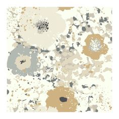 an abstract floral design in grey, beige and white colors with black spots on it