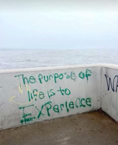 a wall with graffiti written on it next to the ocean in front of an overcast sky