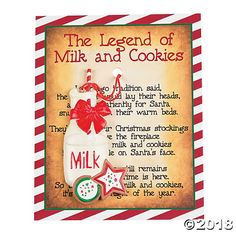 the legend of milk and cookies is displayed in this christmas card with candy canes