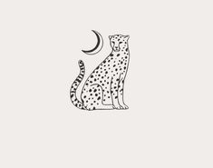 a black and white drawing of a cheetah sitting in front of the moon