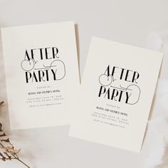 two wedding cards with the words after party printed on them