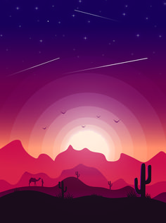 a desert landscape with cactus, mountains and stars in the sky at sunset or sunrise