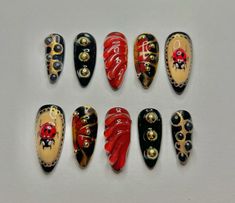 Lady bug chrome nails! 3D art and charms included. Bug Nails Acrylic, Bug Nail Designs, Bug Nails Art, Miraculous Ladybug Nails, Bug Nail Art, Insect Nails, Bug Nails, Ladybug Nail Art, Bumble Bee Nails