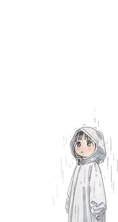 a drawing of a person standing in the rain wearing a white coat and holding an umbrella