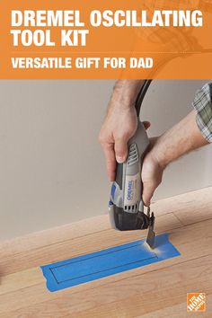 a man using a power tool to install a tile floor with the words dremel oscillating tool kit