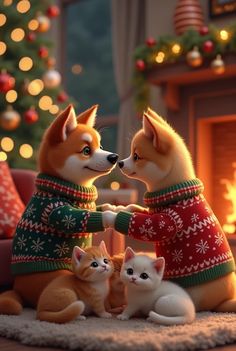 two corgi puppies in christmas sweaters sitting next to each other near a fireplace