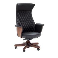 an office chair with black leather upholstered on the back and wooden armrests