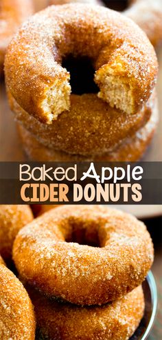 baked apple cider donuts on a plate with the words baked apple cider donuts