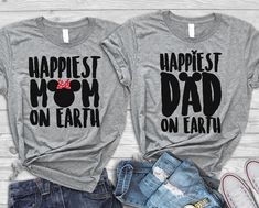 Family Disney Happiest Mom Dad On Earth Matching T-shirt Disney Mom Shirt, Shirt Transfers, Family Disney Trip, Disney Trip Shirts, Matching T Shirts, Dad Shirts, Disney Mom, Disney Family Vacation, Disney World Shirts