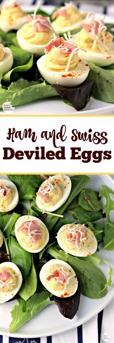 deviled eggs with ham and swiss deviled eggs in them on a white plate