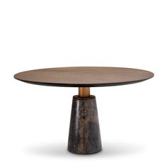 a round table with a wooden top and metal base, on an isolated white background