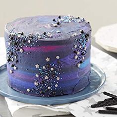 a purple and blue cake sitting on top of a plate