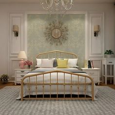 a bed room with a neatly made bed and a chandelier