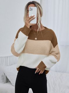 Multicolor Casual  Long Sleeve Acrylic Colorblock Pullovers Embellished Slight Stretch Spring/Fall Women Knitwear Drop Shoulder Sweater, Drop Shoulder Sweaters, Oversized Pullover, Really Cute Outfits, Color Block Sweater, Cute Sweaters, Mode Inspiration, Sweater Sleeves, Shoulder Sweater